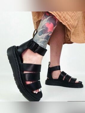 Dr. Martens Black Leather Strappy Platform Sandals